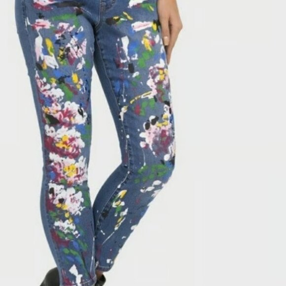 Joseph Ribkoff Pull On Painted Splatter Denim Jeans Size 12 Stretchy Artsy Fun - Picture 2 of 11
